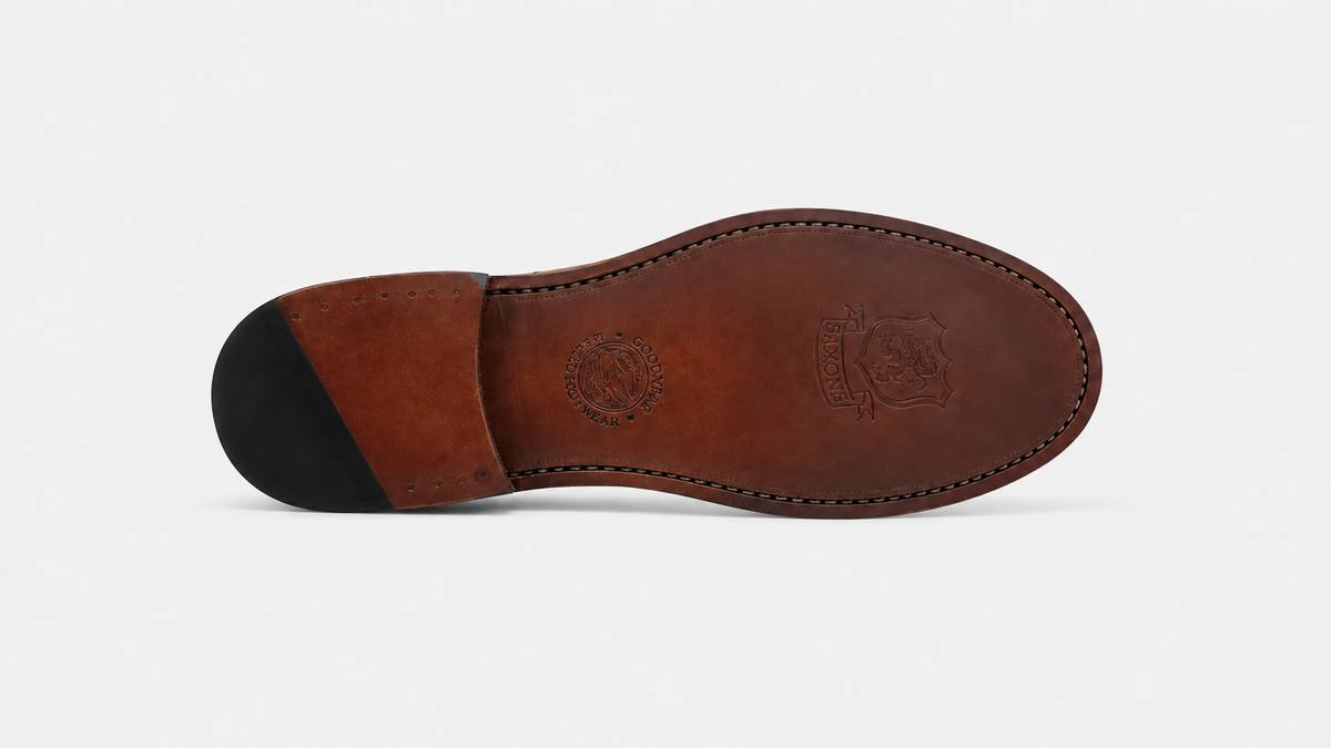 The sole of a Saxone Arran shoe with visible stitching and Goodyear marking