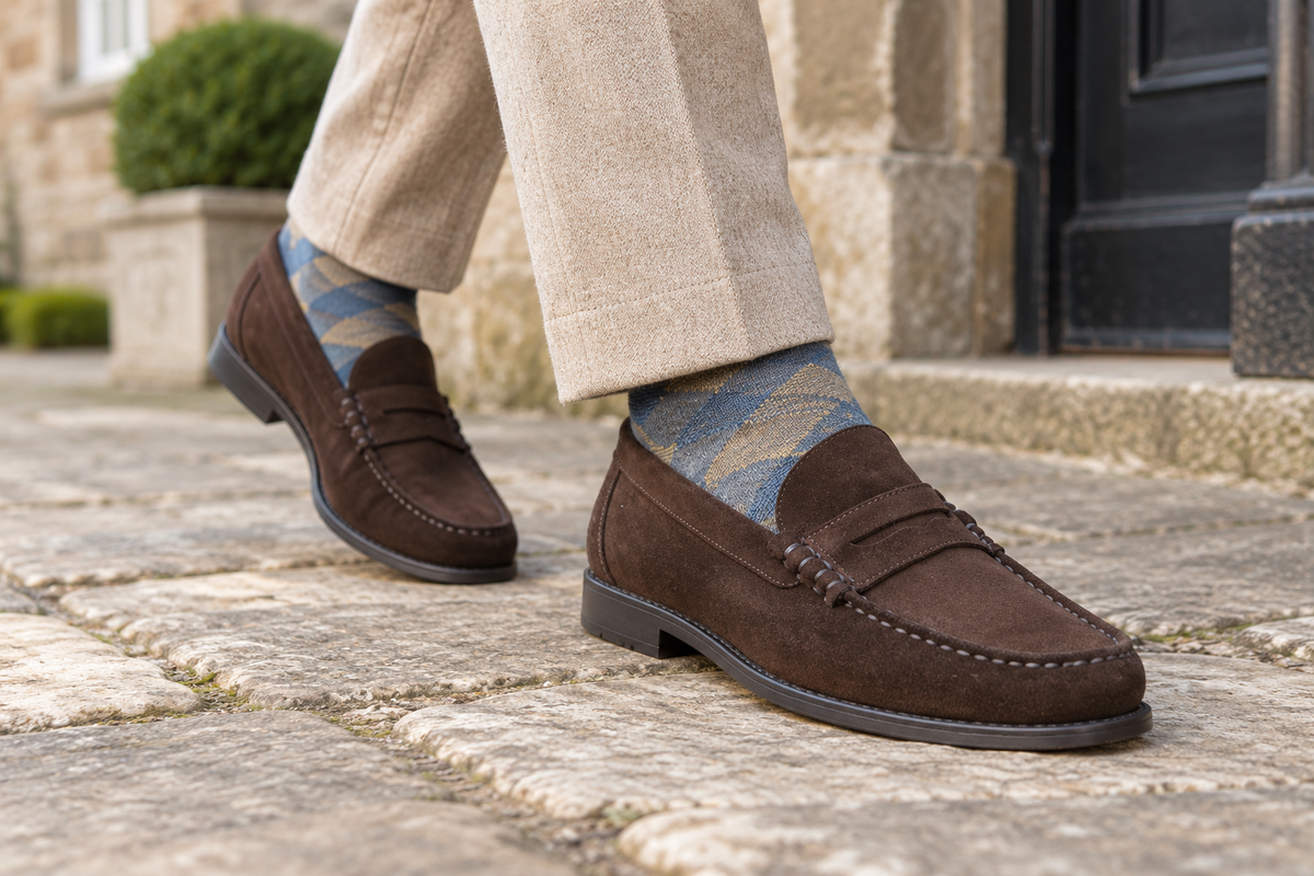 Brown Saxone suede penny loafers worn on a stone pavement