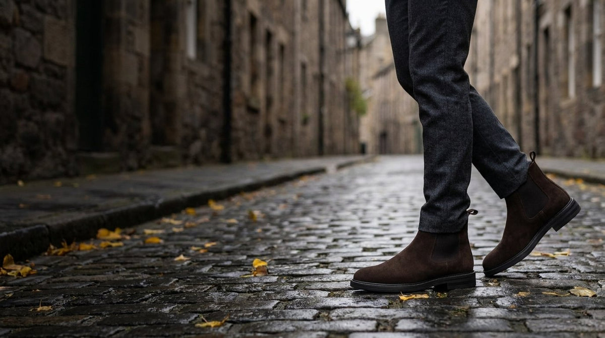 Saxone Chelsea boots in dark brown suede on a wet cobbled street in autumn