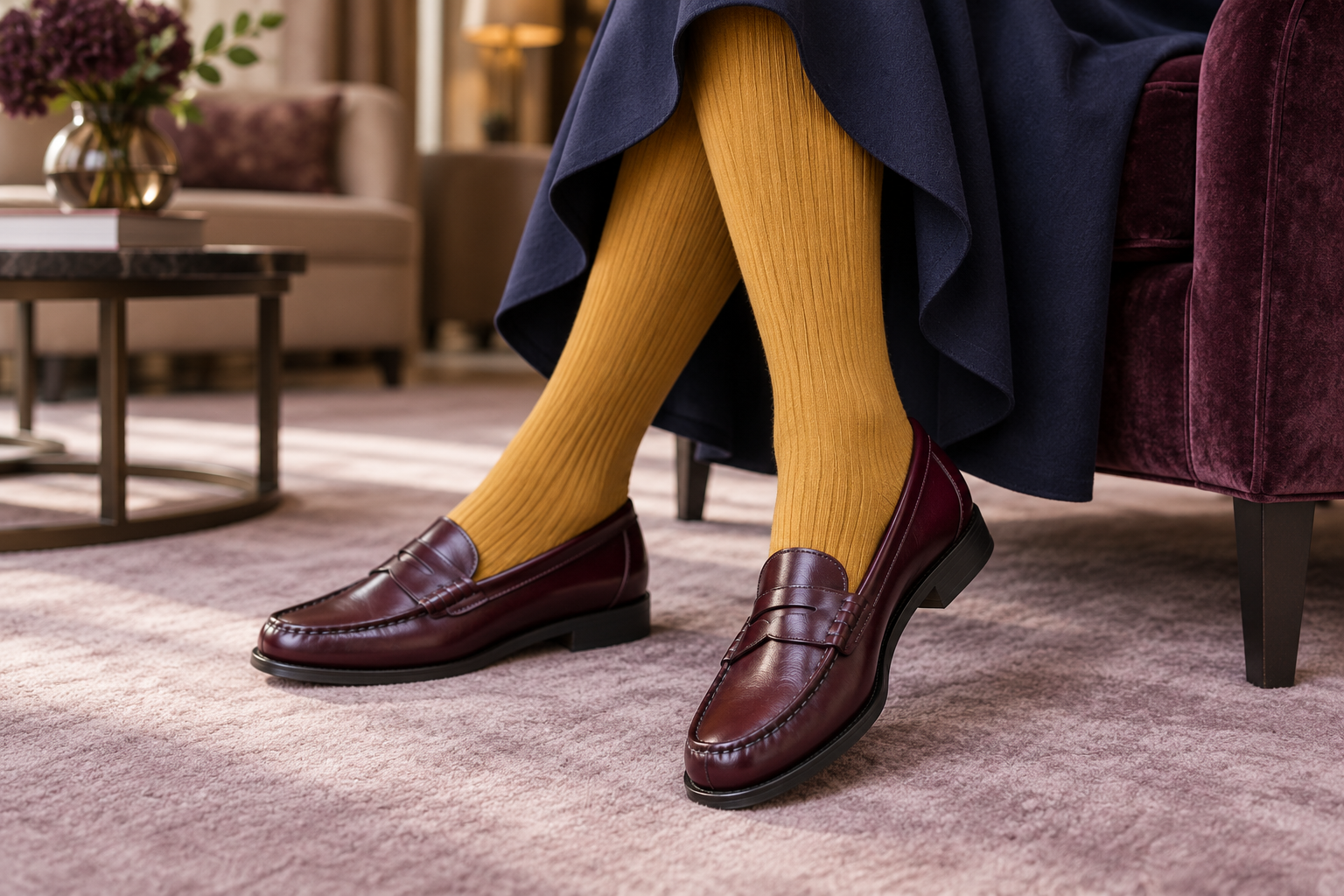 Burgundy Saxone penny loafers worn with mustard socks and a blue skirt